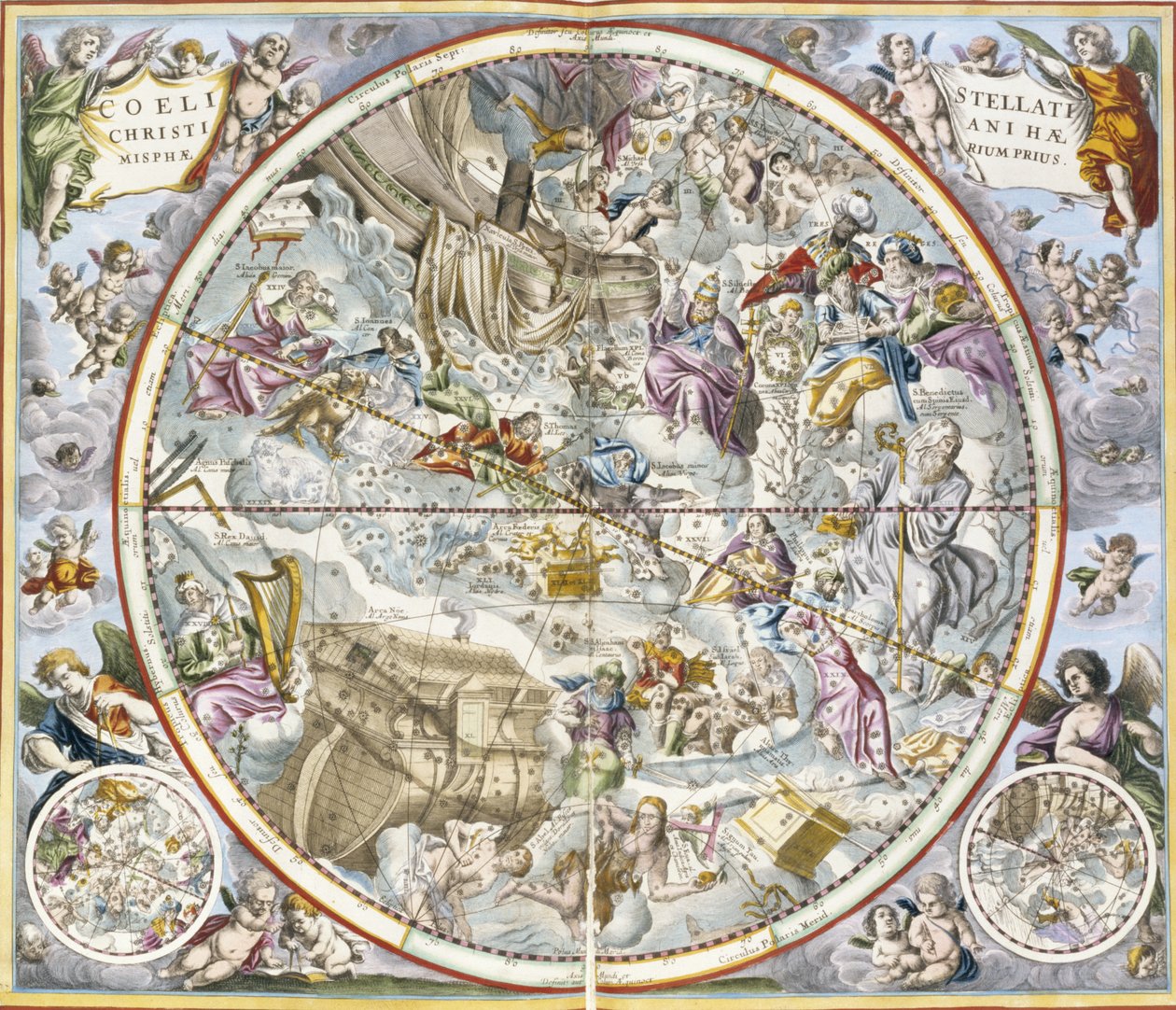 Mapa das constelações cristãs como descrito por Julius Schiller, do atlas celestial, ou a harmonia do universo atlas coelestis seu harmonia macrocosmica pub. de Joannes Janssonius, Amste de Andreas Cellarius