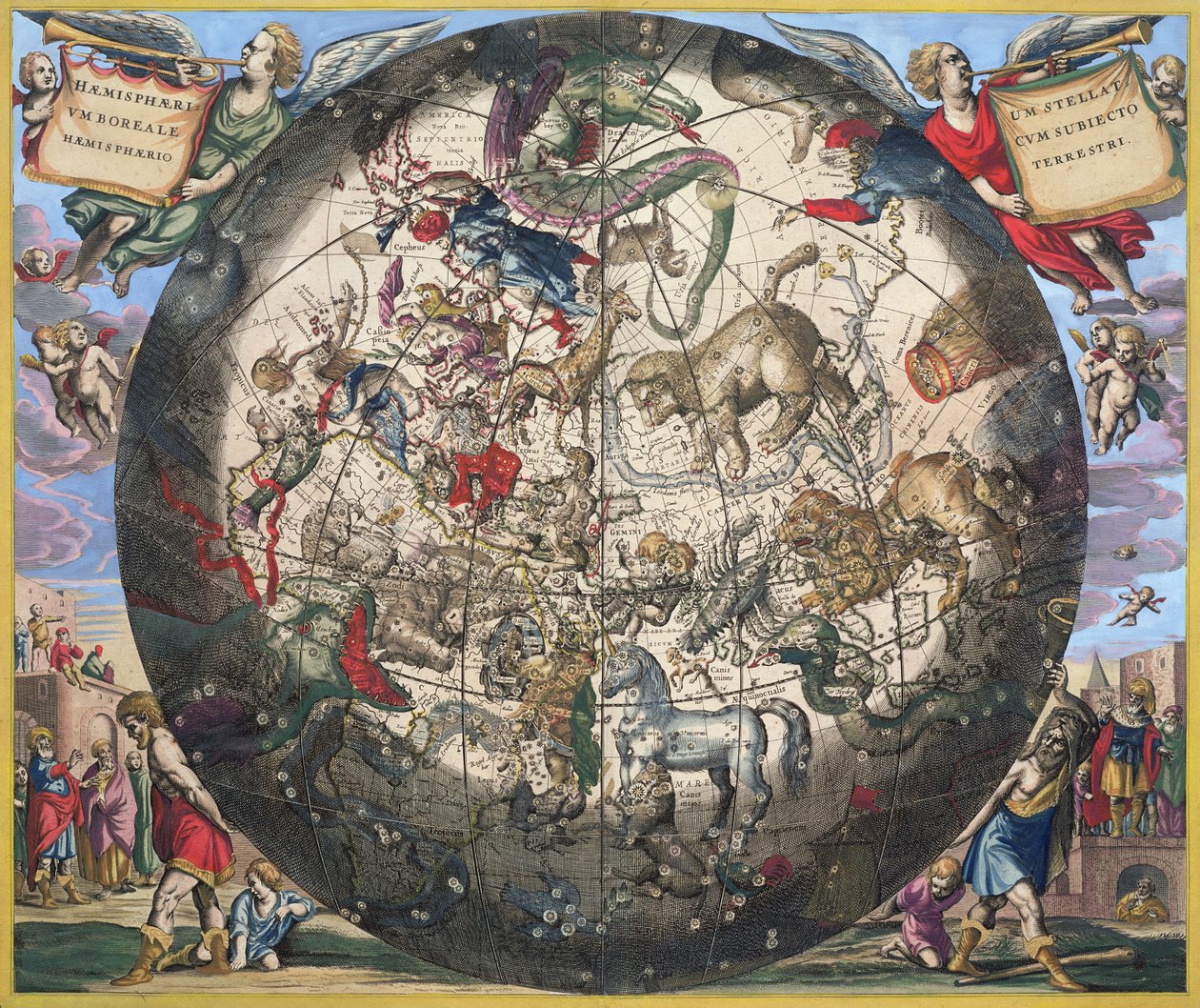 Hemisfério Norte (Boreal), de "O Atlas Celestial, ou a Harmonia do Universo", gravado por Pieter Schenk (1660-1719) e Gerard Valk (1651-1726) (gravura colorida à mão) de Andreas Cellarius