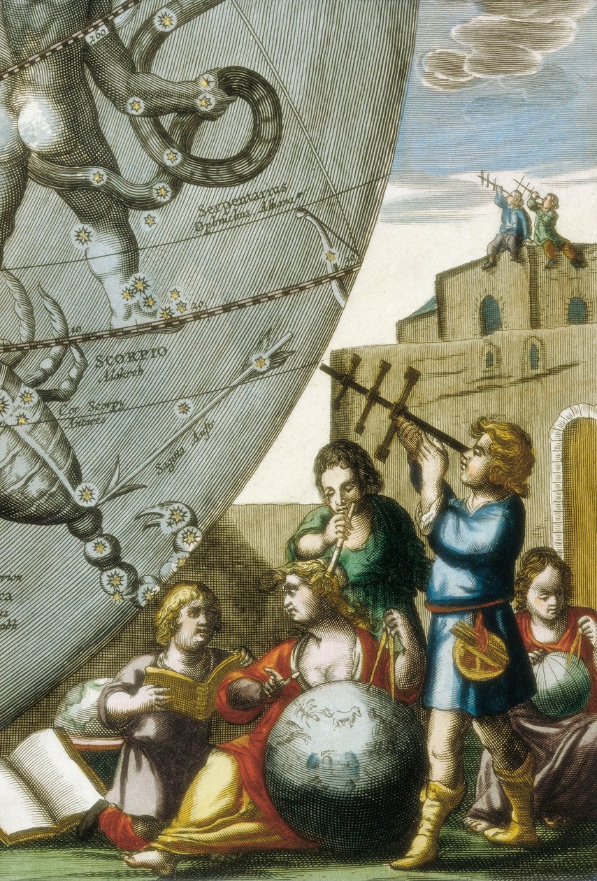 Cientistas (astrólogos e astrônomos) estudando os globos e a carta celeste, detalhe da Atlas Coelestis sua Harmonia Macrocosmica de Andreas Cellarius (1596-1665) de Andreas Cellarius