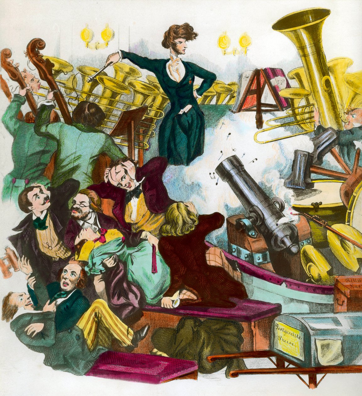Sátira de Hector Berlioz (1803-1869) dirigindo uma orquestra. Estampa satírica de Andreas Geiger de Andreas Geiger