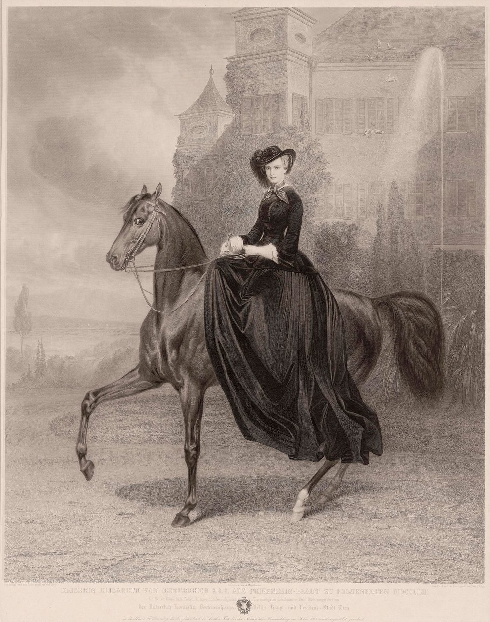 Retrato equestre de Elizabeth da Baviera (1837-1898) (Imperatriz da Áustria, comumente conhecida como Sissi). Obra de Andreas Johann Fleischmann (1811-1878), gravura em cobre de Andreas Johann Fleischmann