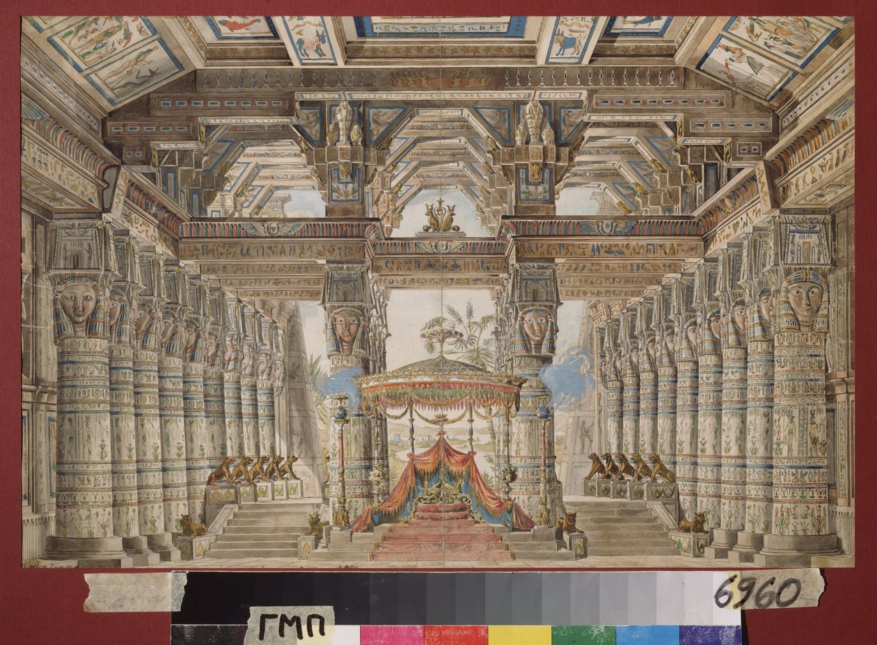 Decoração preparatória para o ballet César no Egipto. Trabalho de Andreas Leonhard Roller (1805-1891), aguarela e guache sobre papel de Andreas Leonhard Roller