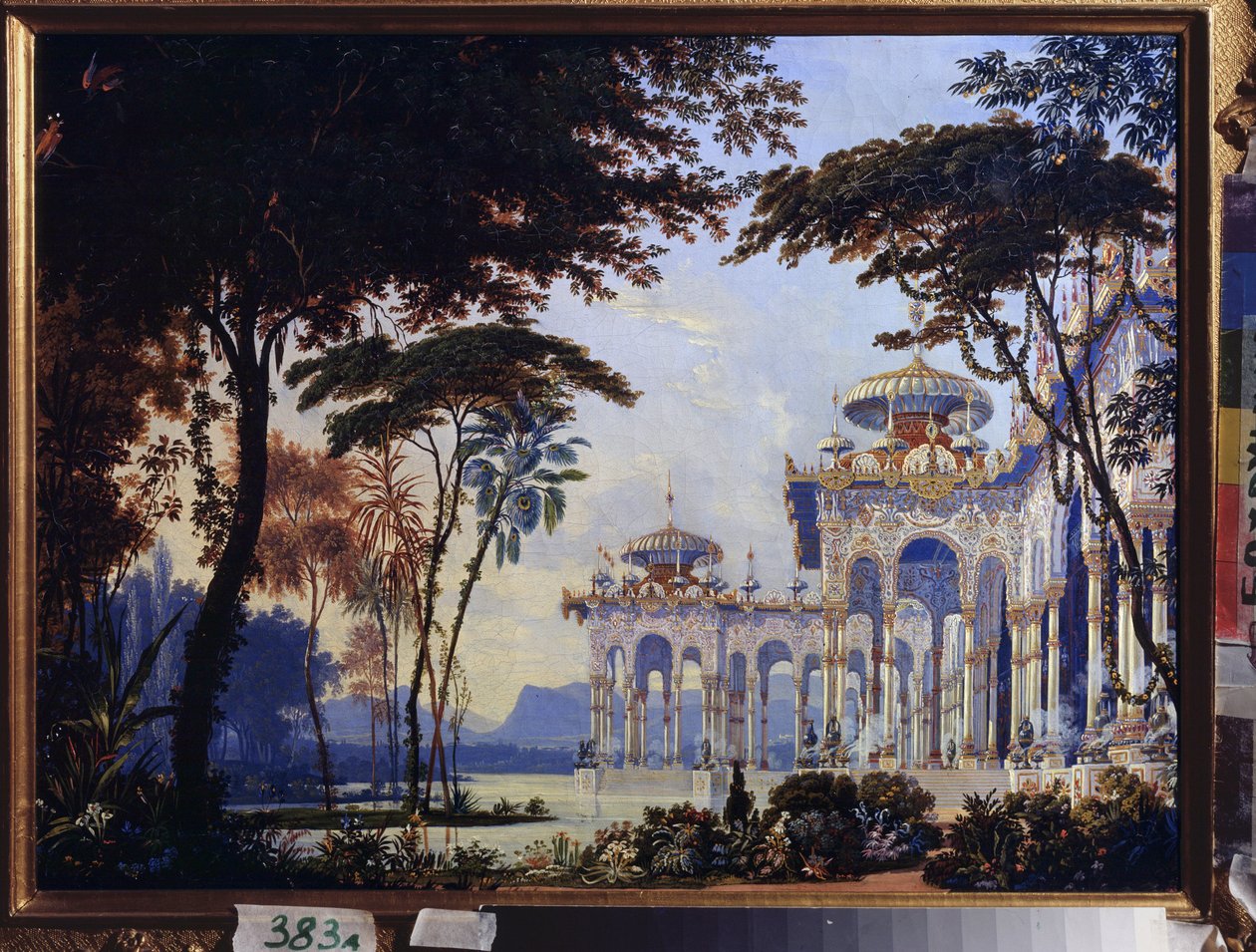 Palácio - Decoração preparatória para a ópera "Rouslan e Lyudmila" de Mikhail Glinka (1804-1857) - Cenário para a ópera Ruslan e Lyudmila de M Glinka - Obra de Andreas Leonhard Roller (1805-1891), aquarela e guache sobre papel de Andreas Leonhard Roller