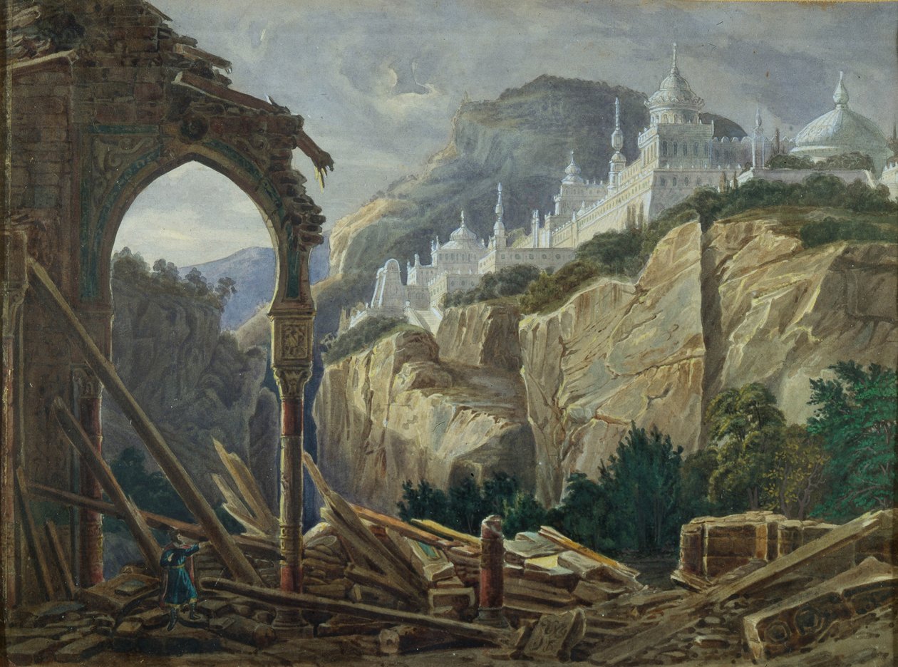 Cenografia para a ópera Ruslan e Lyudmila de M. Glinka, 1842 de Andreas Leonhard Roller