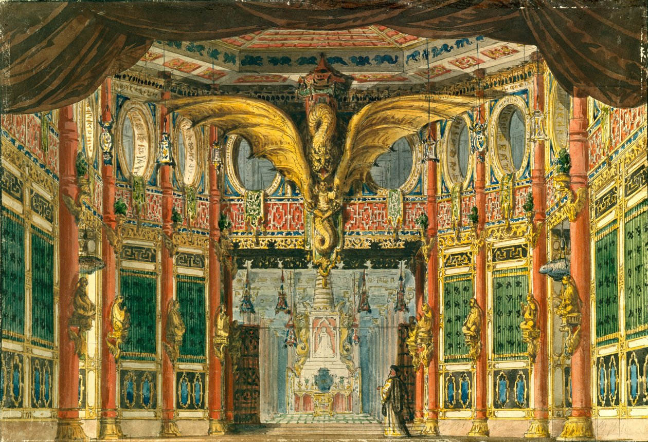 Cenografia para a ópera O cavalo de bronze de D. Auber, 1837 de Andreas Leonhard Roller