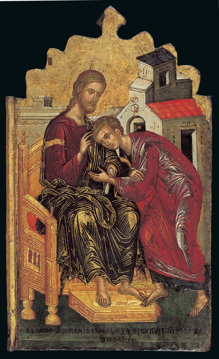 São João, o Teólogo Aceita a Bênção de Cristo (painel da mão esquerda de um tríptico) (têmpera de ovo no painel) de Andreas Rico