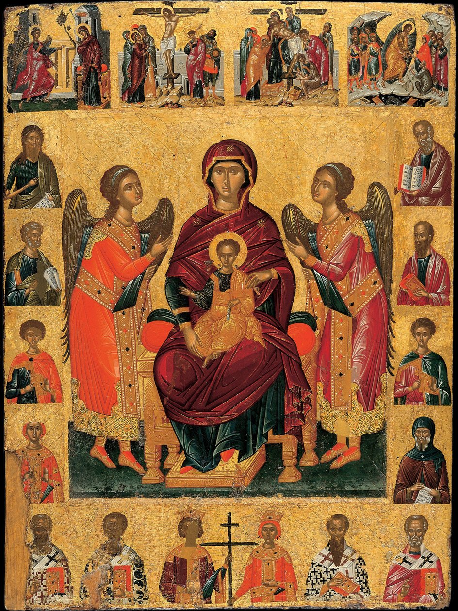 A Virgem e o Menino entronizados (com dois anjos, a cena é enquadrada por figuras de evangelistas e santos, superados por cenas da Paixão e abaixo, os patriarcas da Igreja) - Ícone de Andreas de Andreas Ritzos