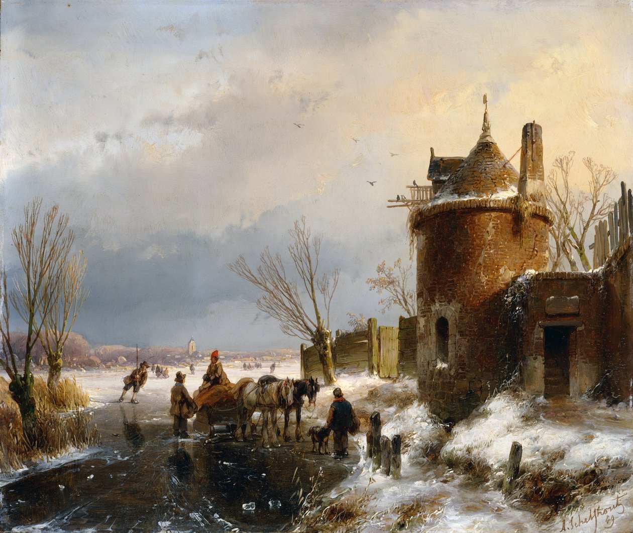 Uma cena de inverno (óleo no painel) de Andreas Schelfhout