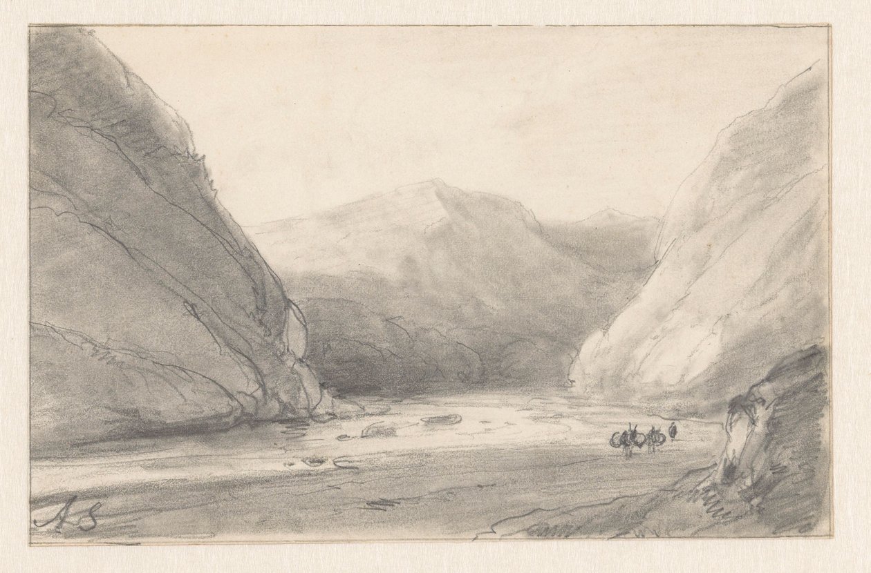 Paisagem montanhosa com rio e uma figura com dois burros carregados de Andreas Schelfhout