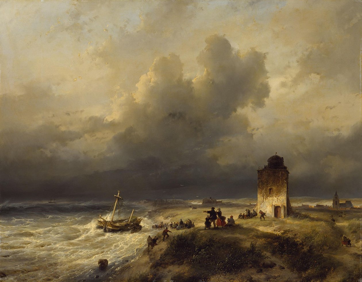 O encalhe de um navio em Scheveningen com tempo tempestuoso de Andreas Schelfhout