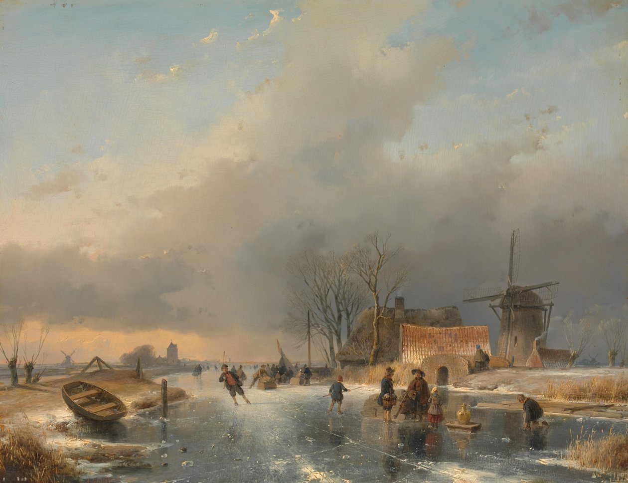 Uma paisagem de inverno, à direita um moinho e casas junto a um canal congelado de Andreas Schelfhout