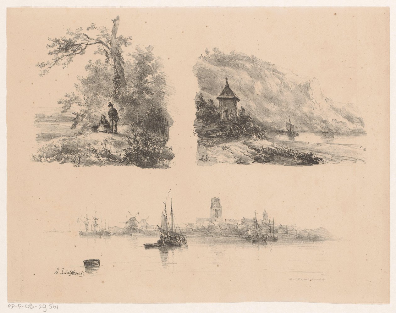 Figuras em uma floresta, um rio ao longo de uma costa montanhosa e barcos na água de Andreas Schelfhout