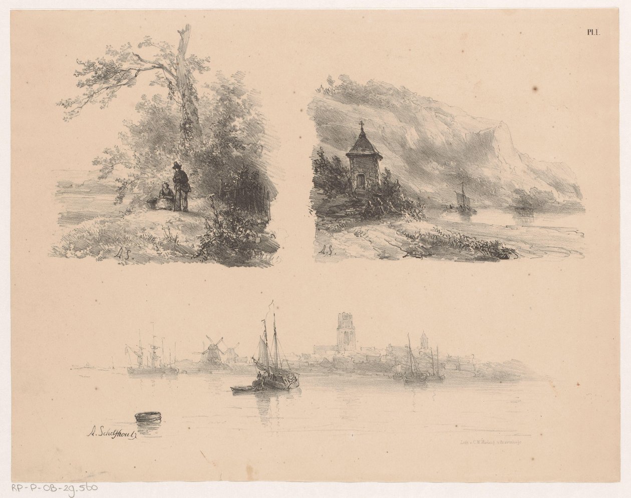 Figuras em uma floresta, um rio ao longo de uma costa montanhosa e barcos na água de Andreas Schelfhout