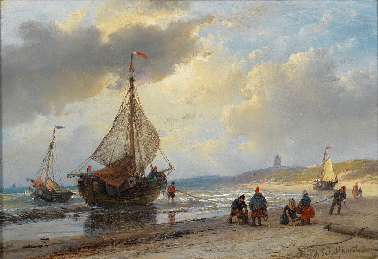 Actividade animada na praia de Scheveningen de Andreas Schelfhout