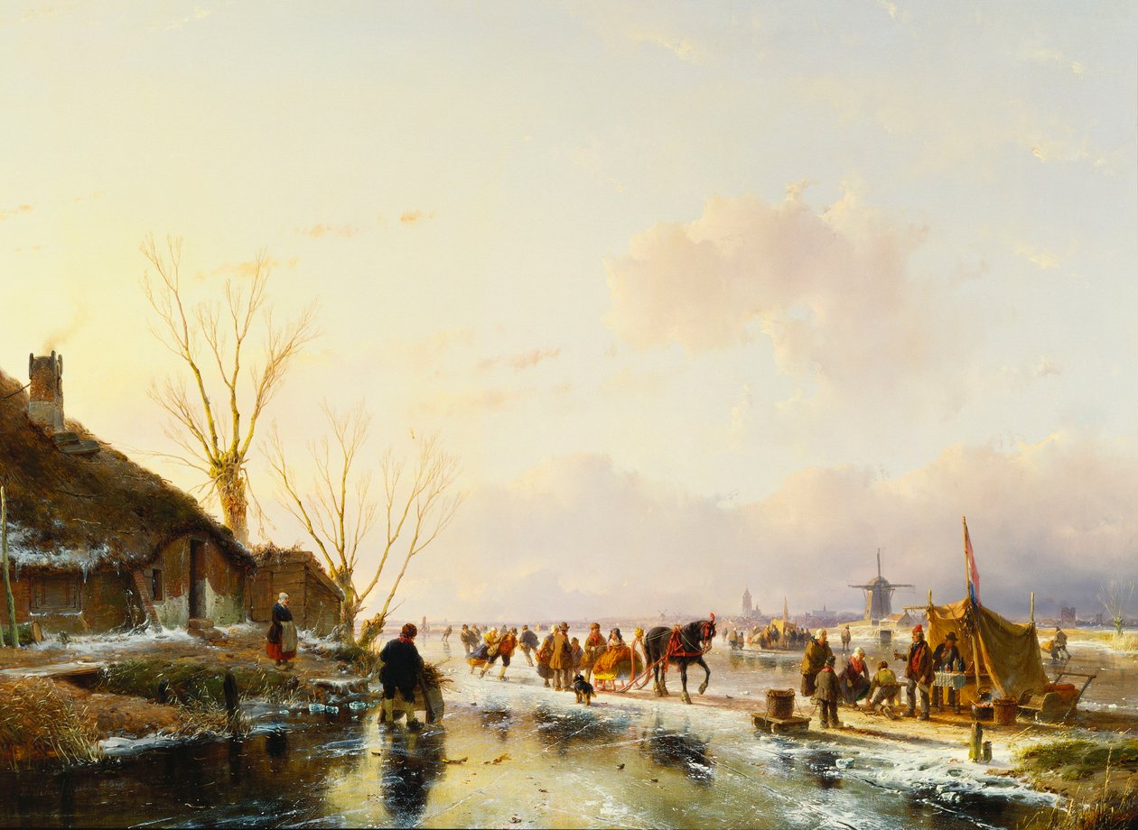 Patinadores por uma cabine em um rio congelado, 1850 de Andreas Schelfhout