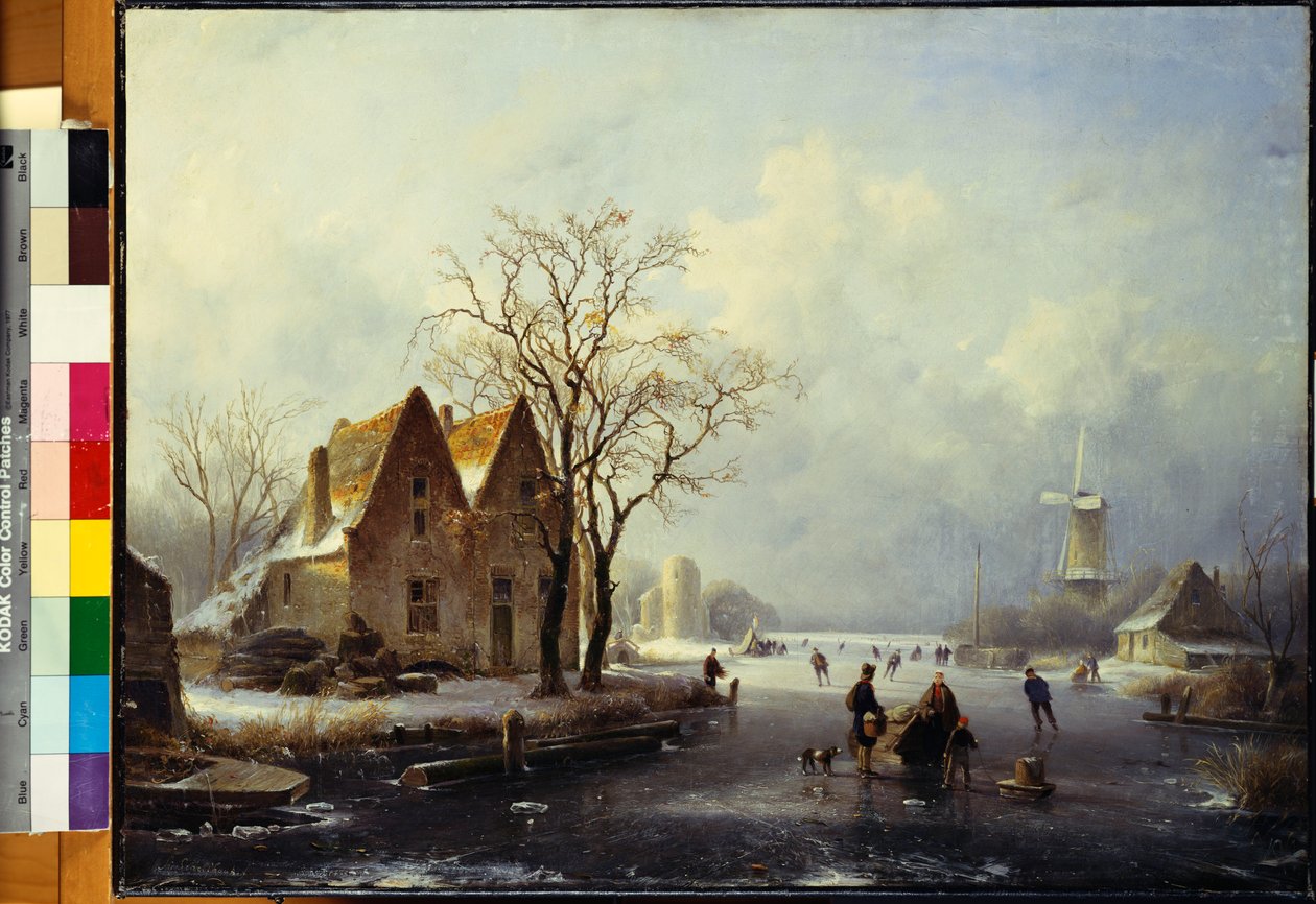 Patinadores em uma paisagem de inverno congelado de Andreas Schelfhout