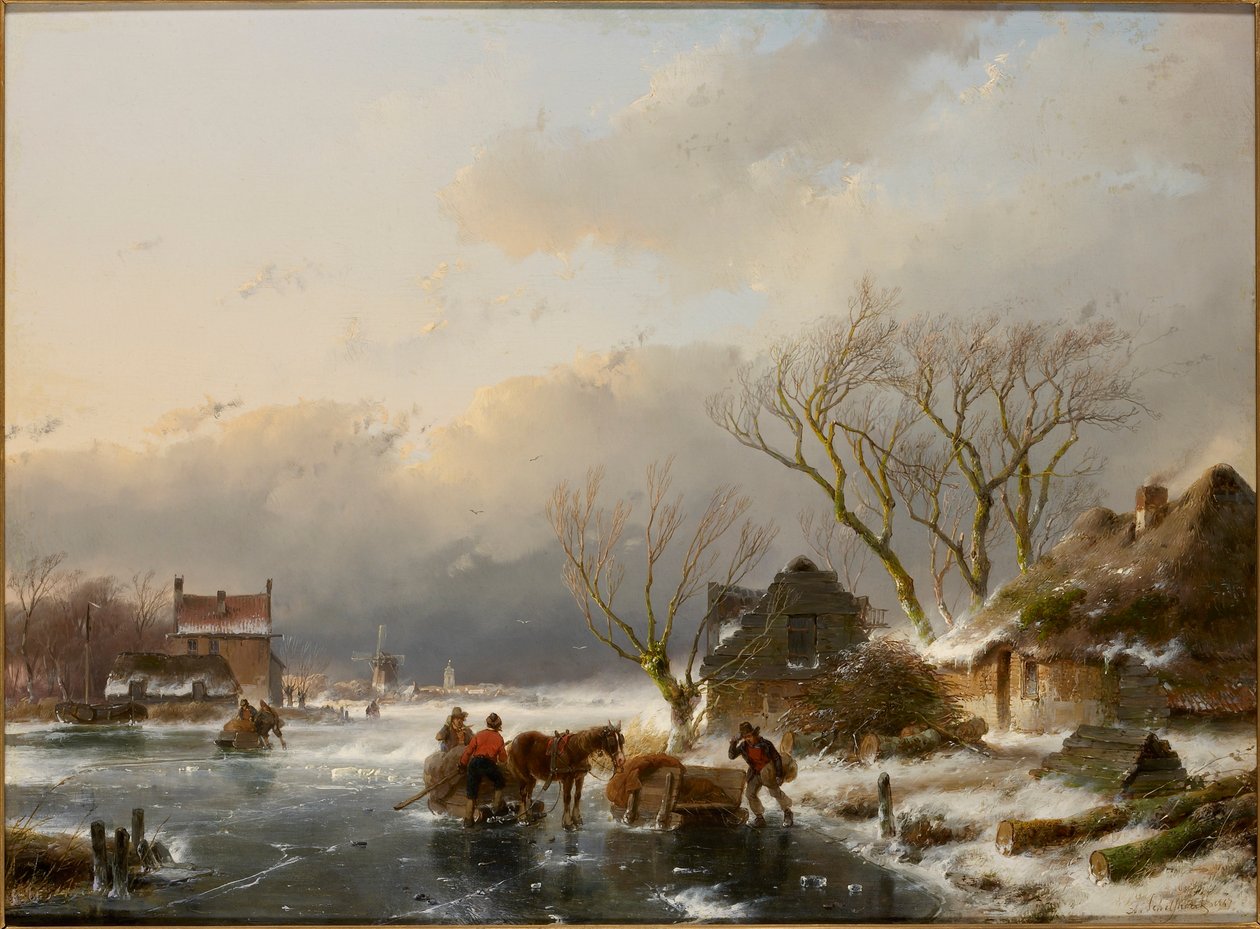 Paisagem de inverno com um rio congelado, 1847. de Andreas Schelfhout