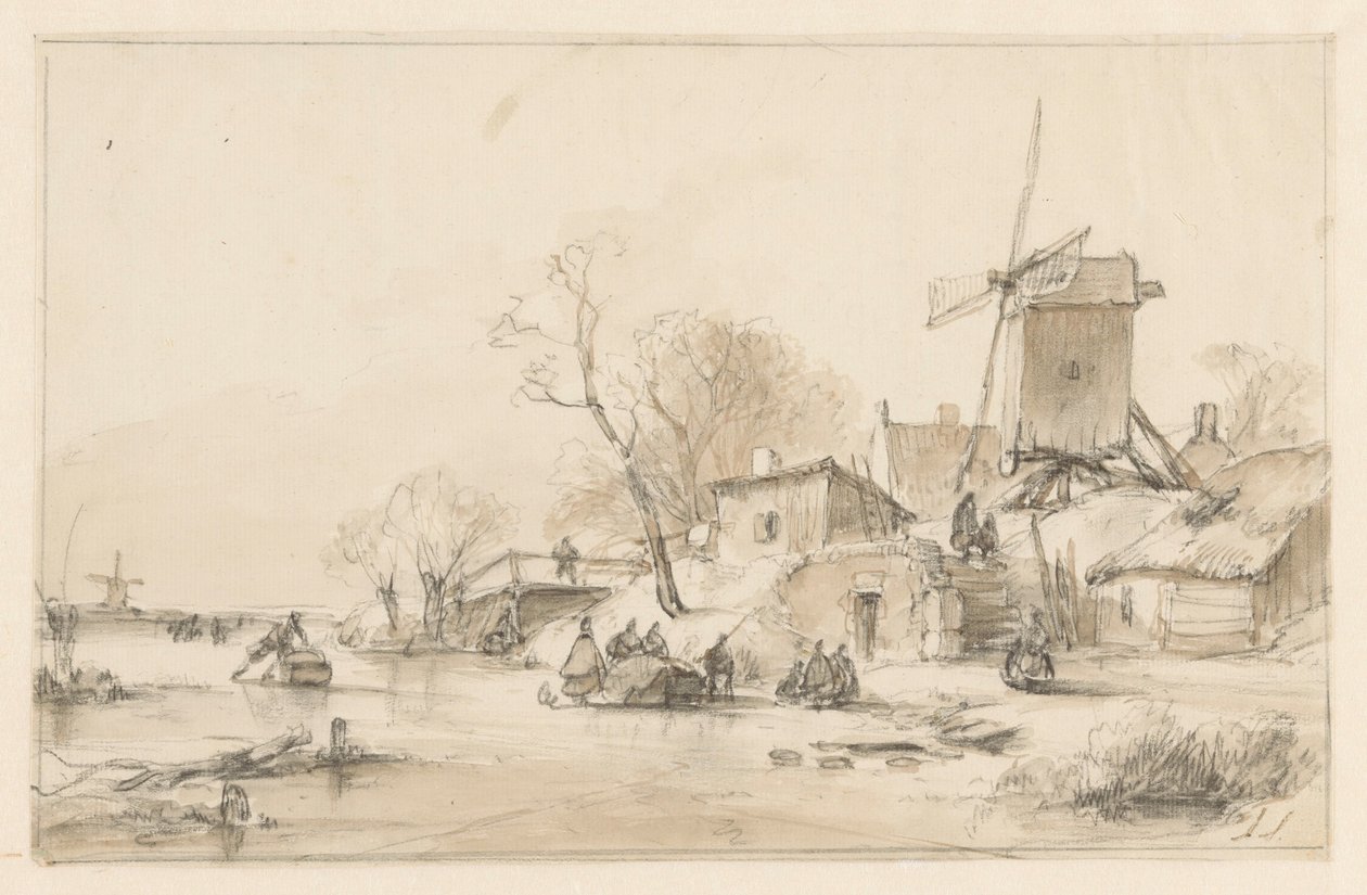 Paisagem de inverno com um moinho e algumas casas numa barragem à direita de Andreas Schelfhout