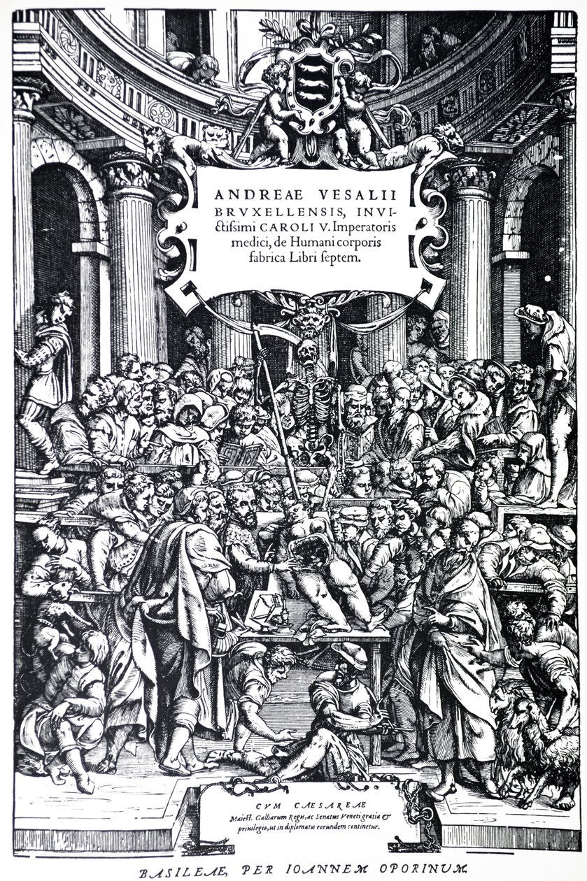 As páginas de título da segunda edição da Placa Humano Devices corpo 3, 1555 de Andreas Vesalius