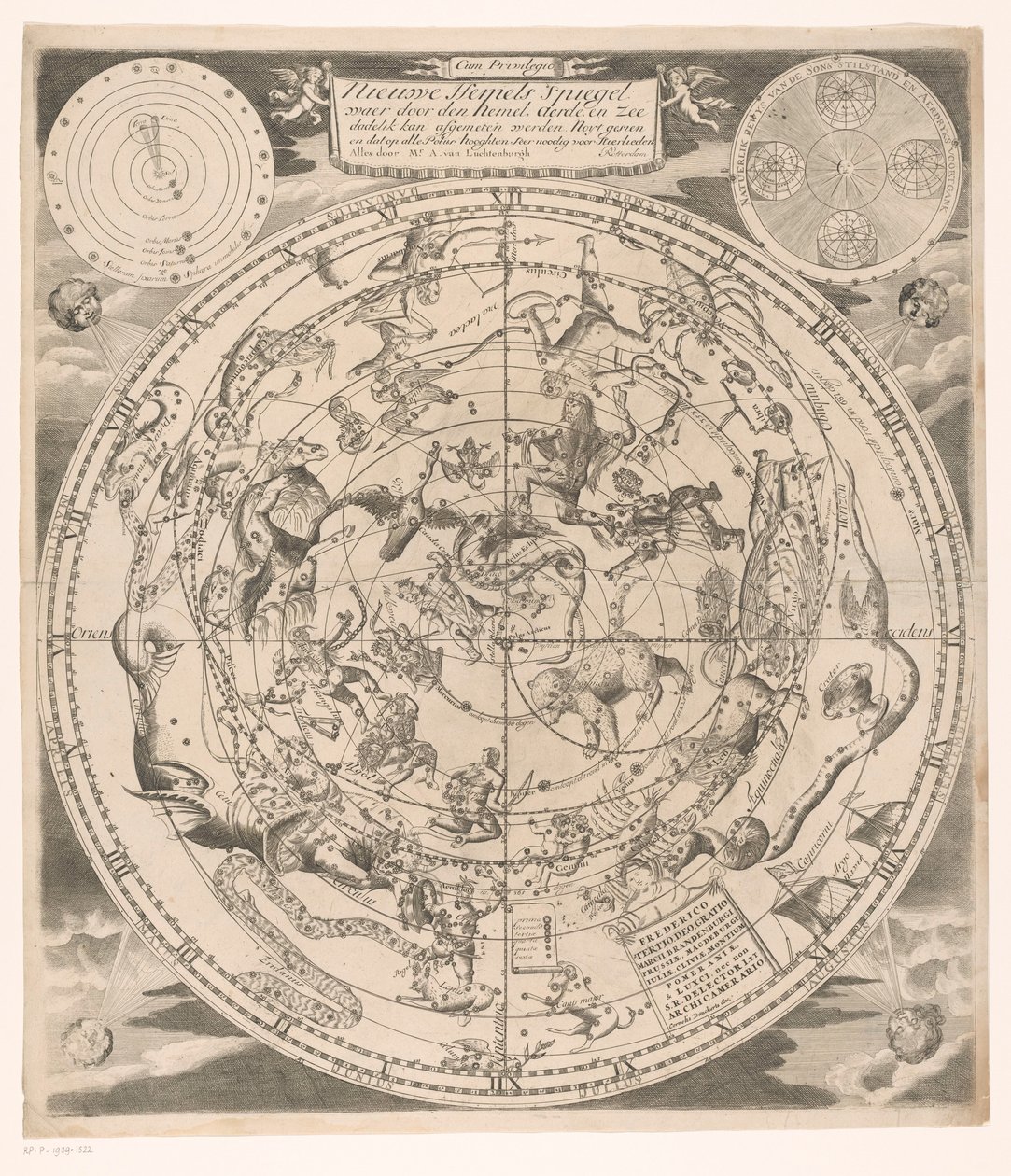 Mapa do céu com as constelações do norte Novo espelho celestial: onde através do céu, terra e mar imediatamente (...) (título no objeto) de Andreas van Luchtenburg (possibly)