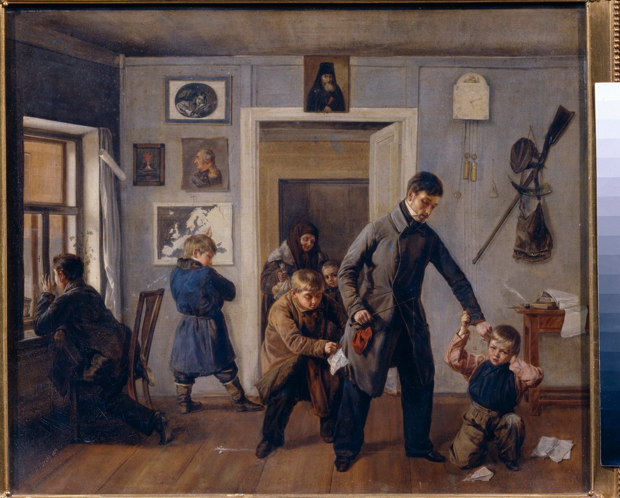 Na escola. Um professor numa escola do campo agarra um rapaz ao ouvido na sala de aula, onde outros rapazes fazem caretas e fazem travessuras. Pintura de Andrei Andreyevich Popov (1832-1896), óleo sobre tela de Andrei Andreevich Popov
