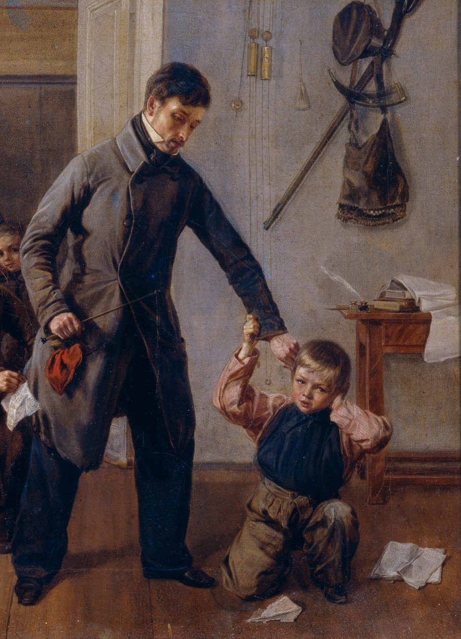 Na escola. Um professor de escola rural agarra um menino pela orelha na sala de aula onde outros meninos estão fazendo caretas e caretas. Pintura de Andrei Andreyevich Popov (1832-1896), detalhe, óleo sobre tela de Andrei Andreevich Popov