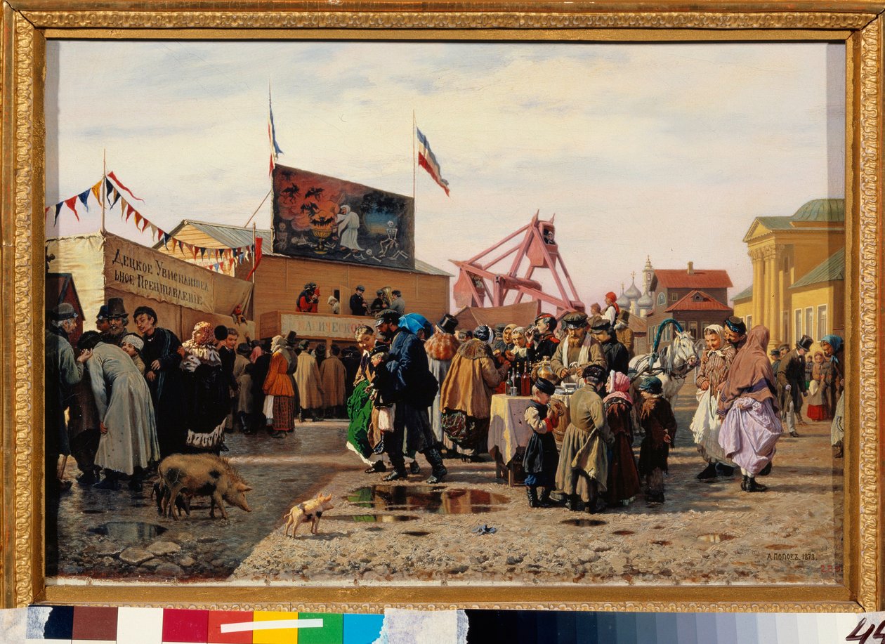 Bancas de feira no Mercado Oriental de Tula (Rússia). Pintura de Andrei Andreyevich Popov (1832-1896), óleo sobre tela de Andrei Andreevich Popov