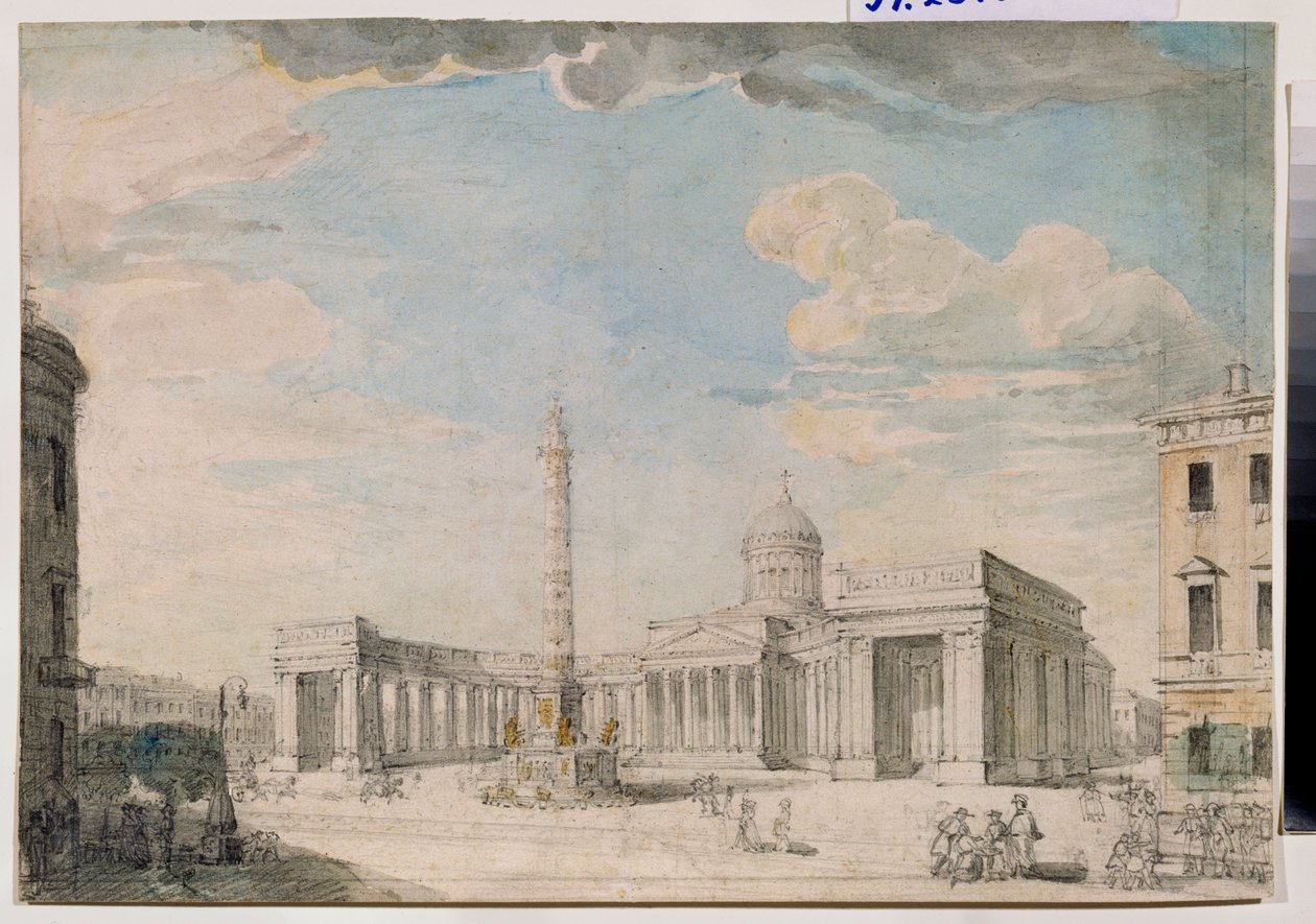 La cathedrale Notre Dame de Kazan (Notre-Dame-de-Kazan) a Saint Petersbourg (A Catedral de Kazan em São Petersburgo) - Oeuvre de Andrei Nikiforovich Voronikhin (Voronikhine) (1759-1814), crayon et aquarelle sur papier, vers 1800, art russe 18-19th siecle,  de Andrei Nikiforovich Voronikhin