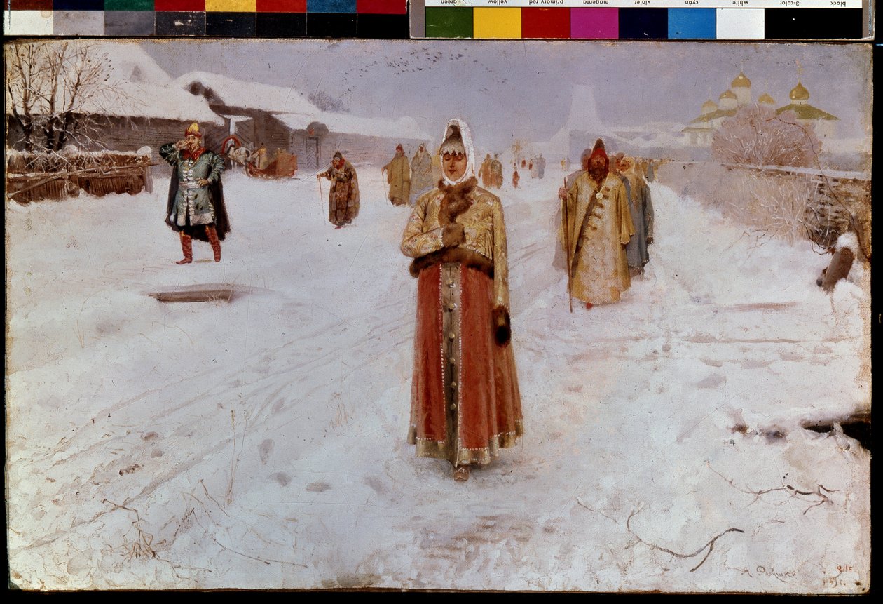 Domingo. No Inverno, numa estrada coberta de neve na região da Grande Moscovo, na época dos problemas (século XVI-17) da antiga Rússia, os boyars (boiars, boiars), homens e mulheres, com trajes tradicionais, estão a regressar da igreja. Pintura por André de Andrei Petrovich Ryabushkin