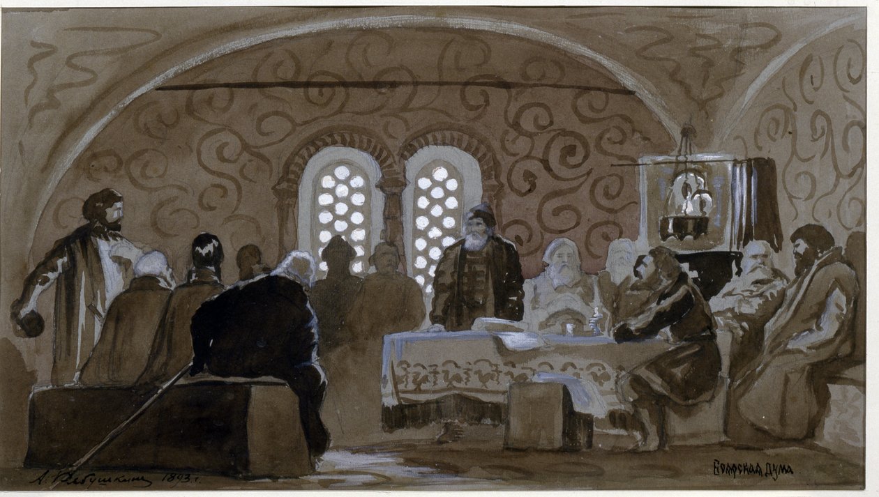 A Duma no tempo dos Boyars (boiares, boiares) (The Boyar Duma). Conselho Consultivo dos Príncipes de Kievan Rus (Ruthenia) no tempo do Czar Miguel I da Rússia (1596-1645). Trabalho de Andrei Petrovich Ryabushkin (Riabuchkin) (1861-1904), aguarela de Andrei Petrovich Ryabushkin