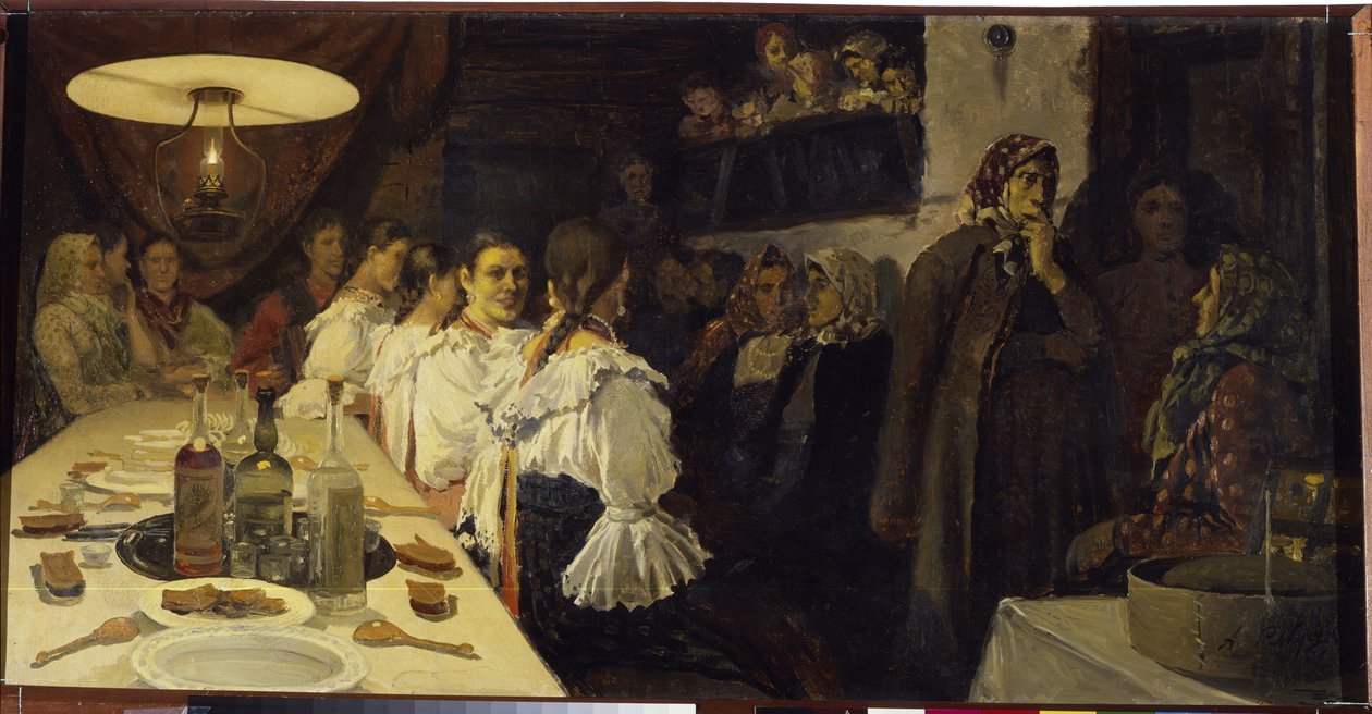 Esperando o retorno do casal de noivos de uma igreja na província de Novgorod. Pintura de Andrei Petrovich Ryabushkin (Riabutchkin) (1861-1904), óleo sobre tela de Andrei Petrovich Ryabushkin