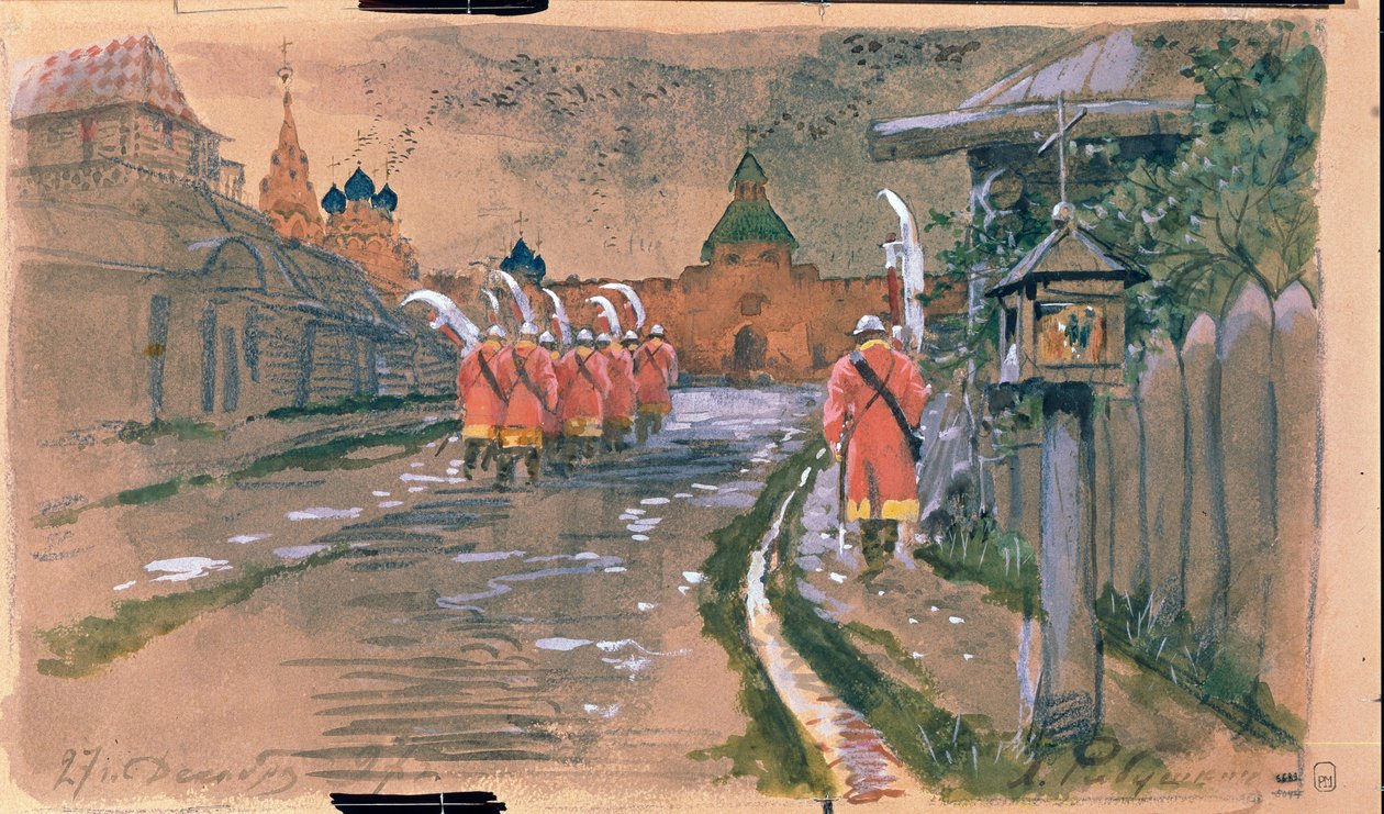 Patrulha de rua no Portão Ilyinsky na Velha Moscou. Obra de Andrei Petrovich Ryabushkin (Riaboutchkine) (1861-1904), aquarela sobre papel de Andrei Petrovich Ryabushkin