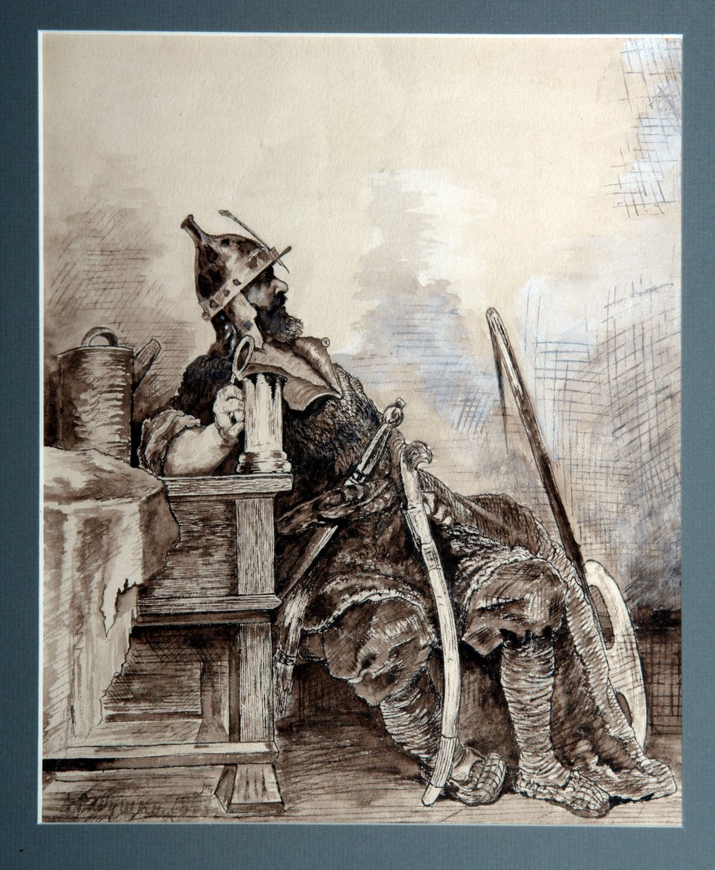 "Representation du heros russe medieval Bogatyr, chevalier errant" Aquarelle de Andrei Petrovich Riabouchkine (Ryabushkin) (1861-1904) 1893 Dim 29,7x26,7 cm Galeria Regional de Arte, Perm de Andrei Petrovich Ryabushkin