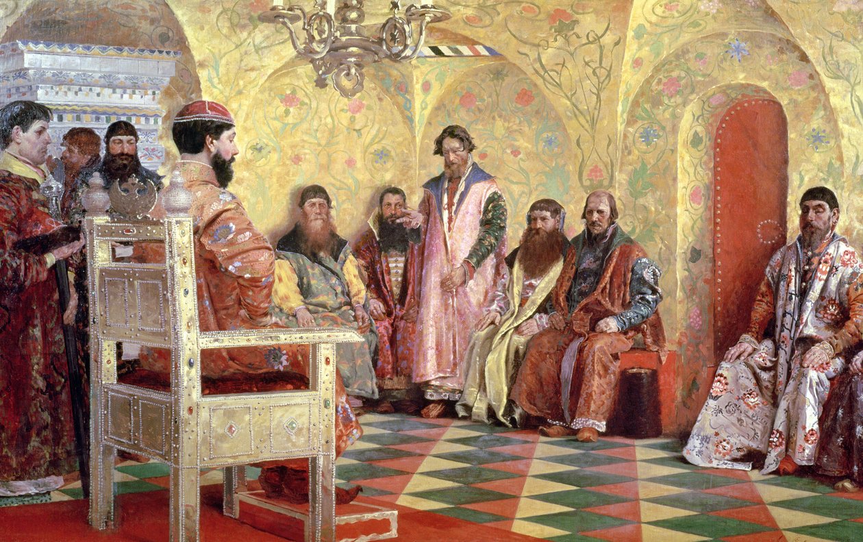 Czar Mikhail Fyodorovich (1596-1645) com os boiardos sentados em seu quarto, 1893 de Andrei Petrovich Ryabushkin