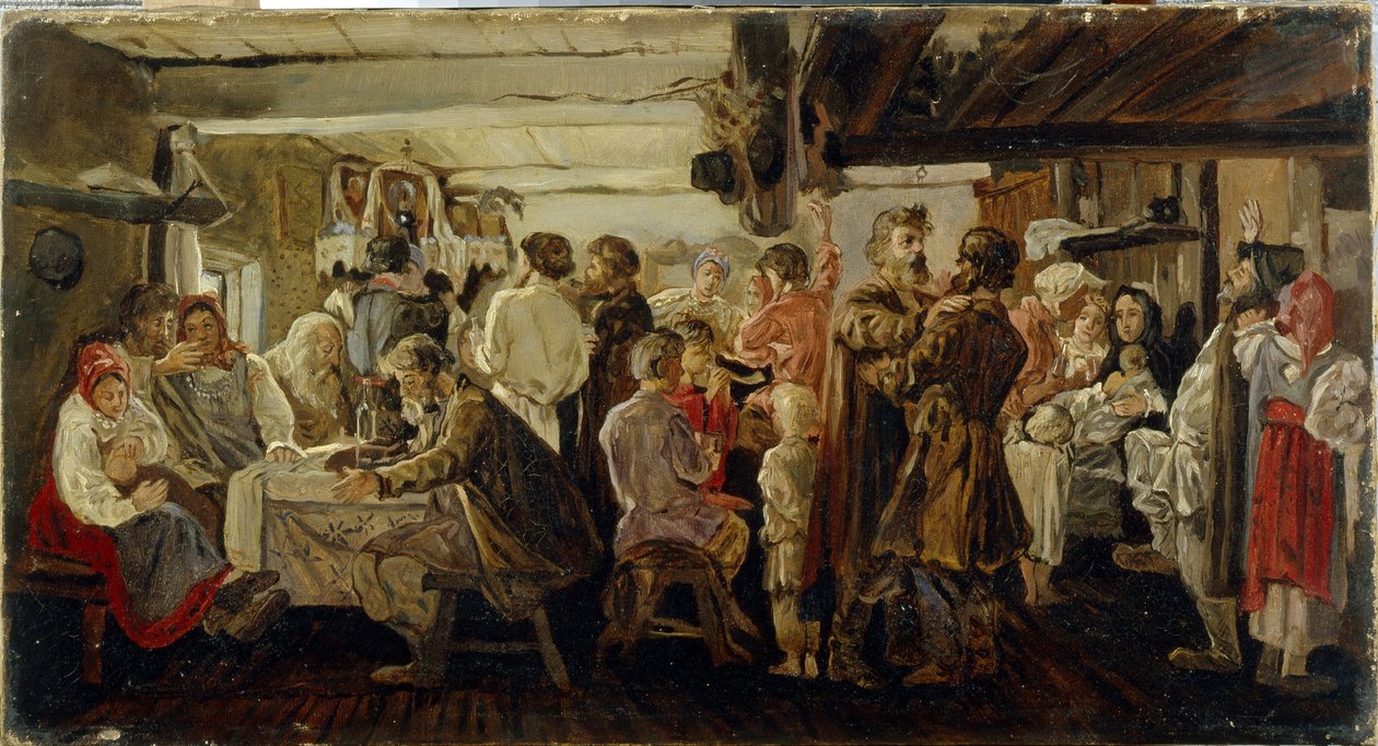 Um casamento camponês na região de Tambov (Rússia). (Casamento Camponês na Região Tambov). Pintura de Andrei Petrovich Ryabushkin (Riaboutchkine) (1861-1904), óleo sobre tela, cerca de 1880. Arte russa do século XIX. Galeria Estatal Tretyakov, Moscou. de Andrei Petrovich Ryabushkin