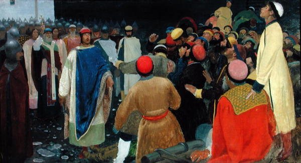 Conde Gleb Killing a Magus na Assembleia Novgorodiana de Andrei Petrovitch Rjabuschkin