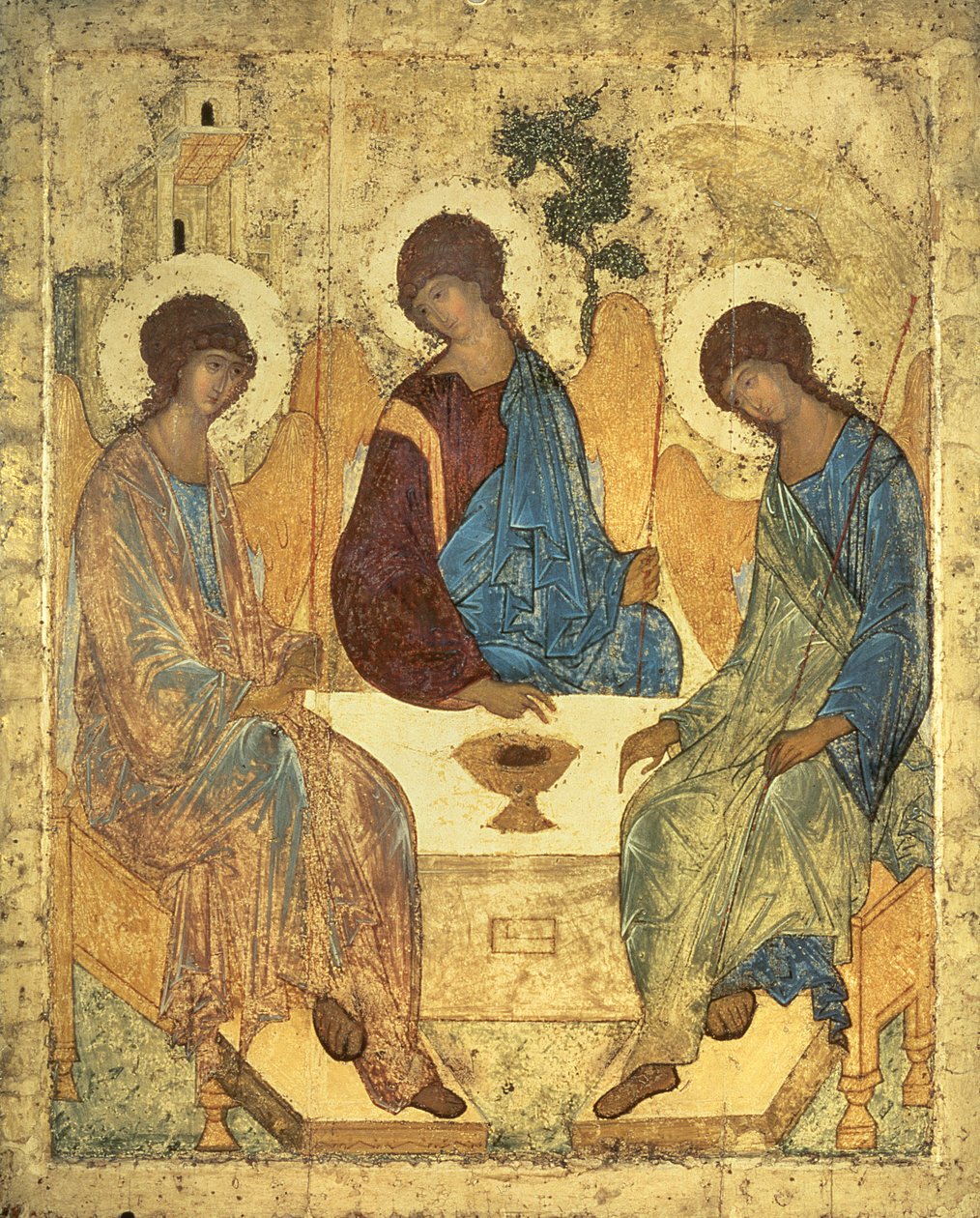 A Santíssima Trindade, 1420s (têmpera no painel) (para cópia ver 40956) de Andrei Rublev
