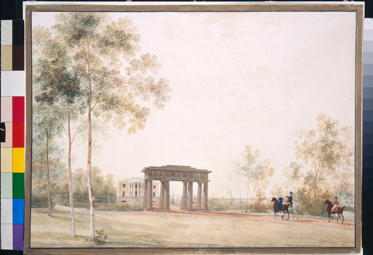 "Gateway to the Park in Tsarskoye Selo" de Andrei Yefimovich Martynov (1768-1826), Gouache em papel depois de 1821, 38,5x51,5, Galeria Estadual Tretyakov, Moscovo de Andrei Yefimovich Martynov