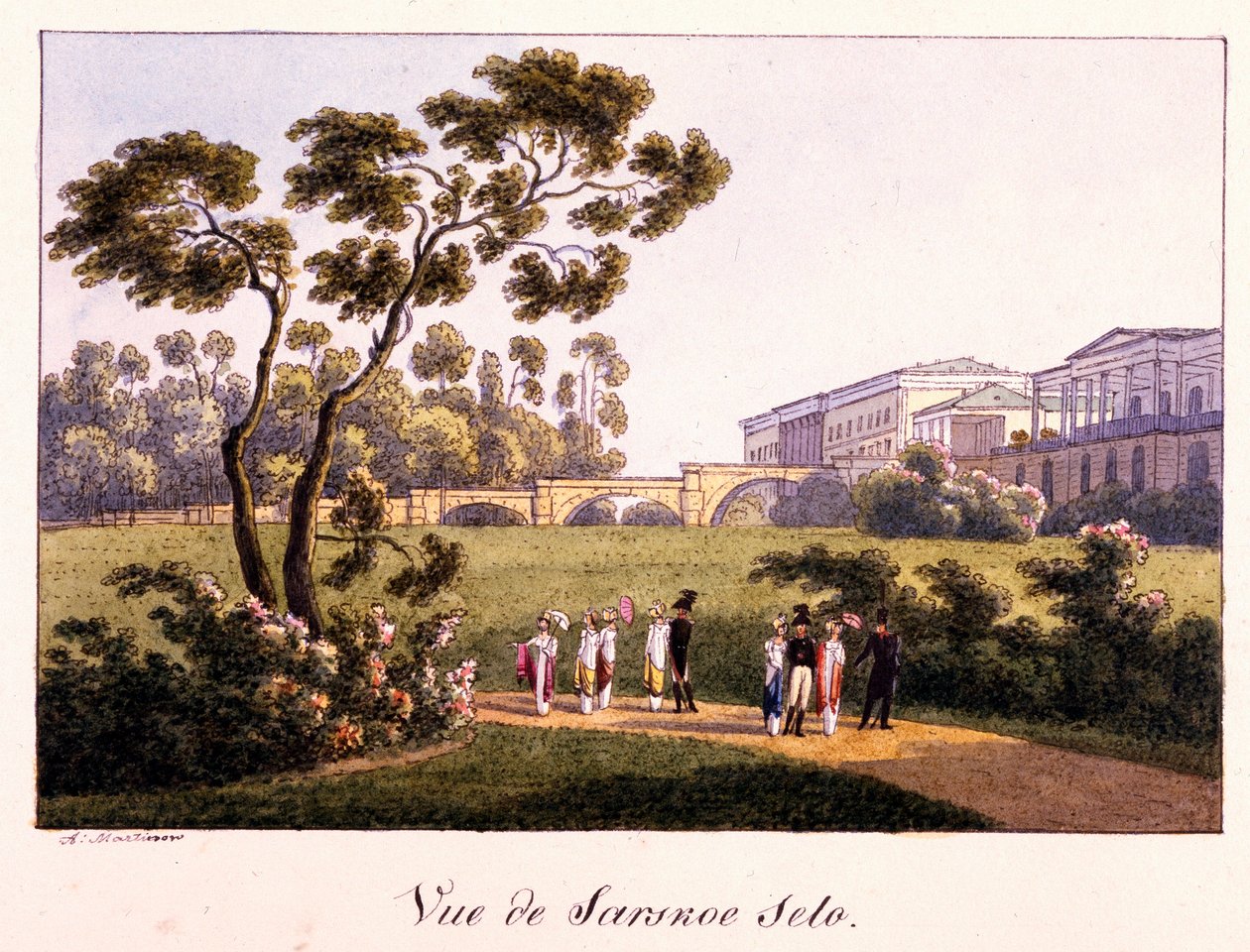 "Vista da Galeria Cameron no Parque em Tsarskoye Selo" de Andrei Yefimovich Martynov (1768-1826), Caneta, pincel, aguarela, tinta e cor branca sobre papel antes de 1817 - Galeria Tretyakov do Estado de Moscovo de Andrei Yefimovich Martynov