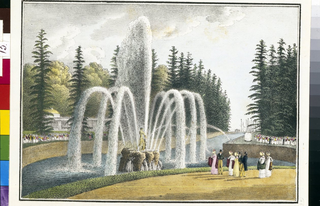 A Fonte de Samson nos Jardins Superiores de Peterhof, Rússia. Litografia e aguarela de Andrei Yefimovich Martynov (1768-1826) de Andrei Yefimovich Martynov