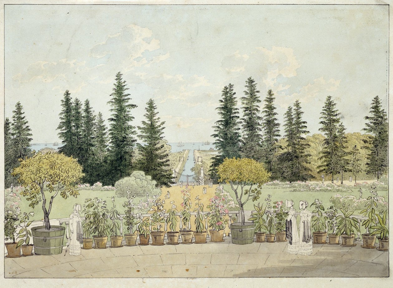 Vista do terraço do Palácio Oranienbaum em Lomonosov, aglomeração de São Petersburgo (Vista do terraço do Grande Palácio Oranienbaum). Obra de Andrei Yefimovich Martynov (1768-1826), aquarela sobre papel de Andrei Yefimovich Martynov