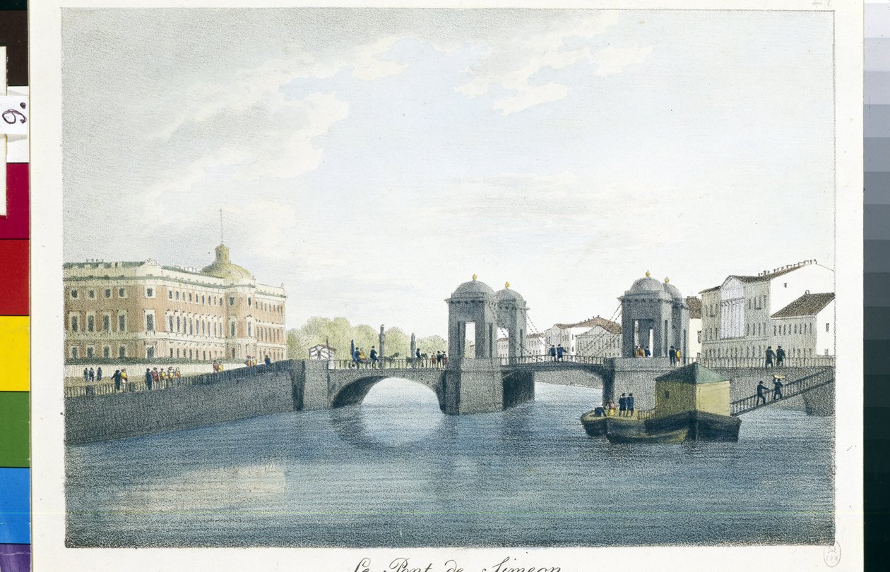 Vista da Ponte Simeon em São Petersburgo. (A ponte Simeon em São Petersburgo). Litografia e aguarela de Andrei Yefimovich Martynov (1768-1826) de Andrei Yefimovich Martynov