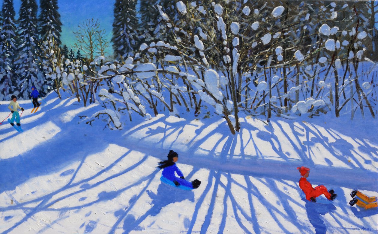 Sledging e esquiando pela trilha, Morzine, de Andrew Macara