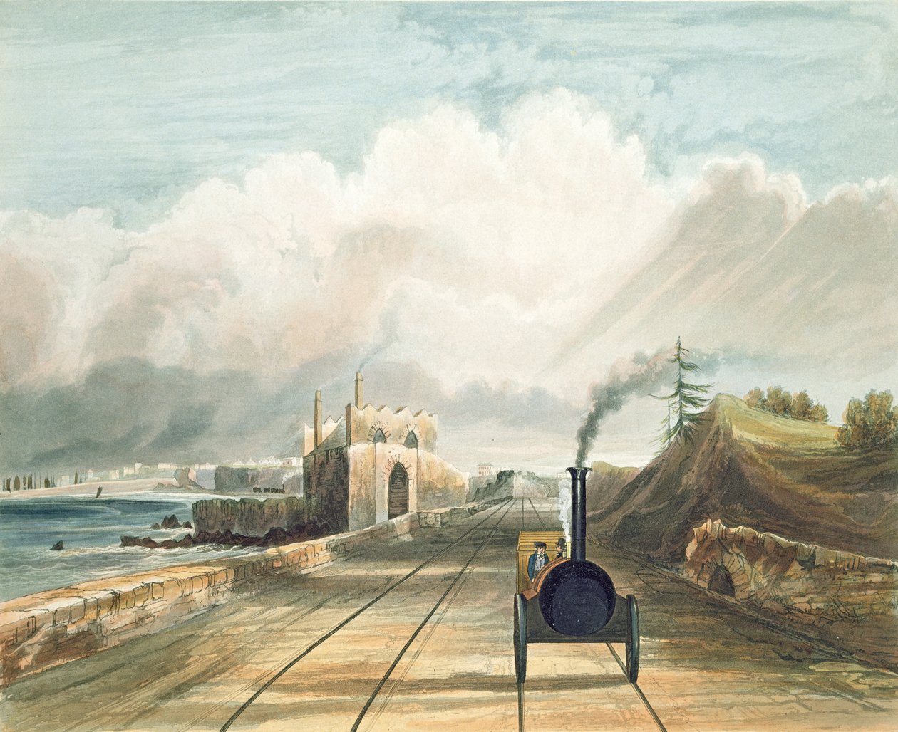 Dublin e Kingstown Railway: a partir da passarela no Sea Point Hotel, olhando em direção a Salt Hill, Porto de Kingstown à distância, gravado por J. Harris, 1834 de Andrew Nicholl