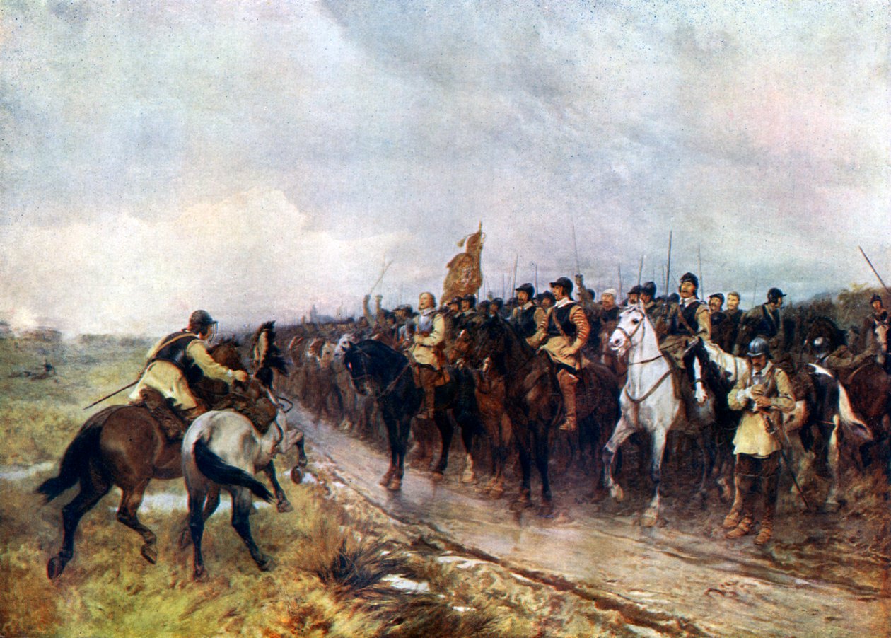 Oliver Cromwell e suas tropas em Dunbar Singing the 118th Salmo, 1926. de Andrew Carrick Gow