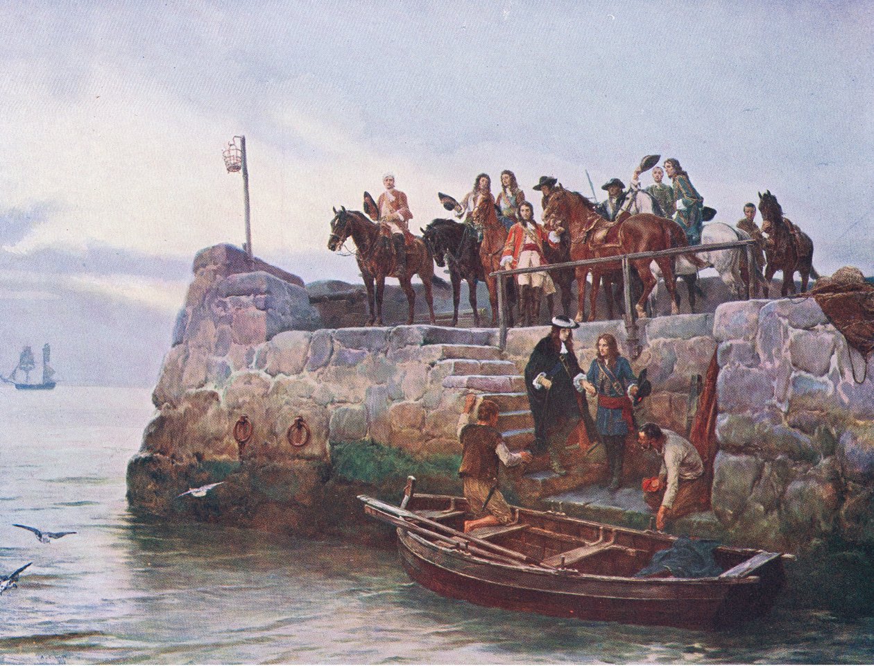 A Causa Perdida: O voo de James II após a Batalha de Boyne 1690, ilustração de "British Battles on Land and Sea". de Andrew Carrick Gow