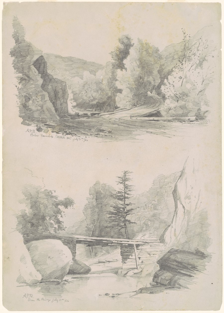 Abaixo do Salto de Fawn, Montanhas Catskill; e acima da ponte de Andrew Fisher Bunner
