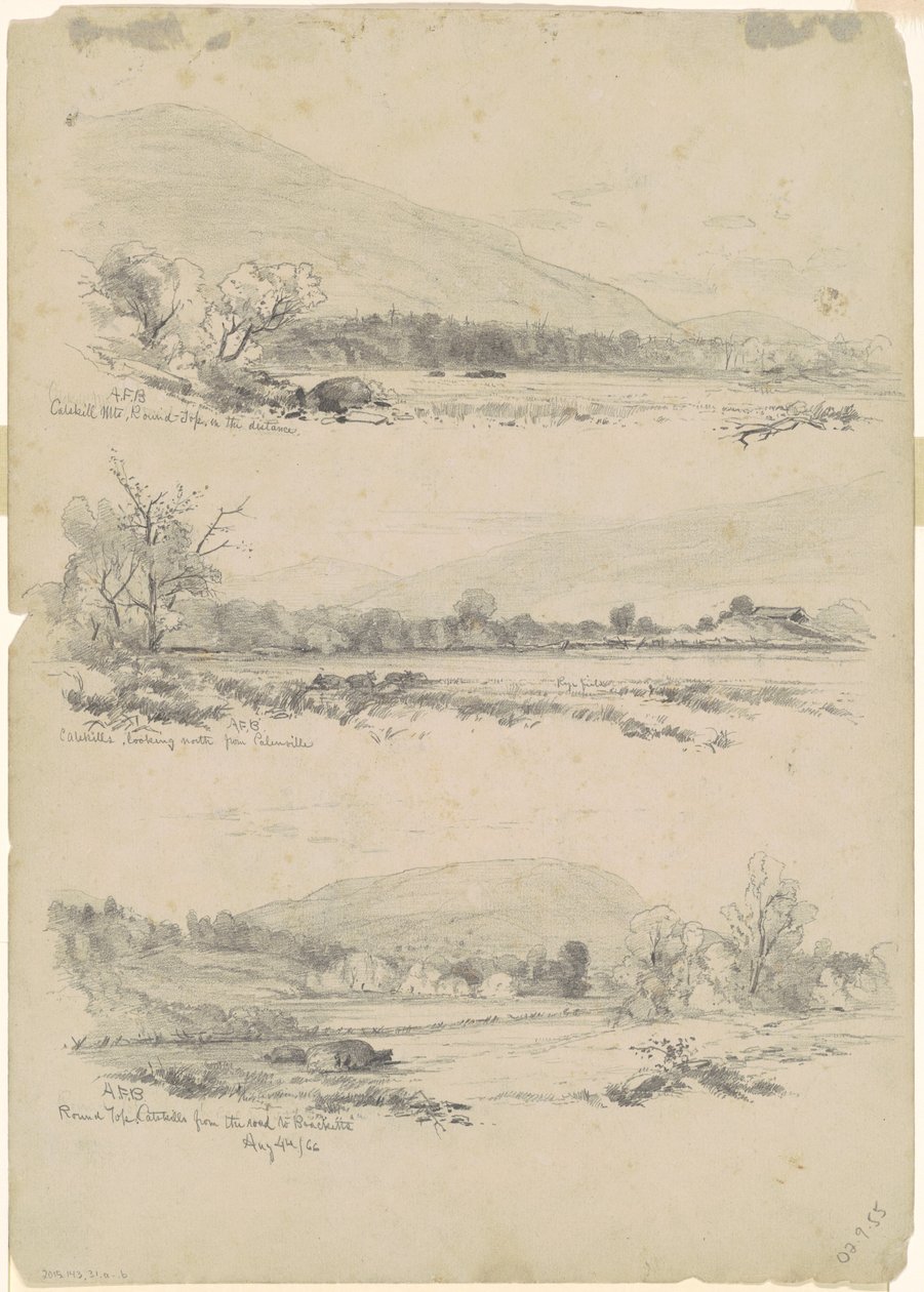 Montanhas Catskill, Topo Redondo à Distância; Catskills Olhando para o Norte de Palenville; e Round Top, Catskills, from the Road to Bracketts [verso] de Andrew Fisher Bunner