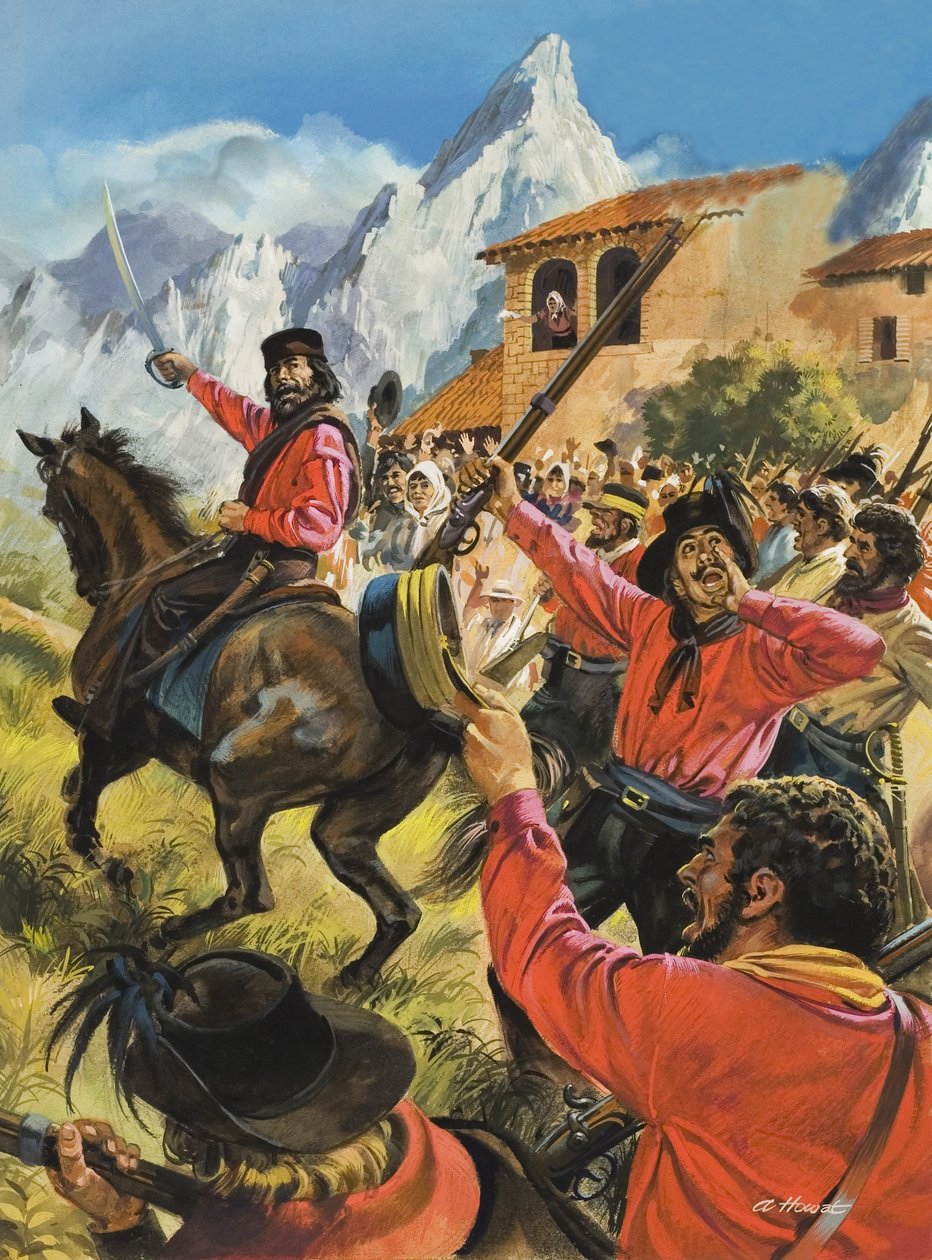 Guiseppe Garibaldi (1807-82) e o seu exército na batalha contra as tropas reais napolitanas (guache sobre papel) de Andrew Howat