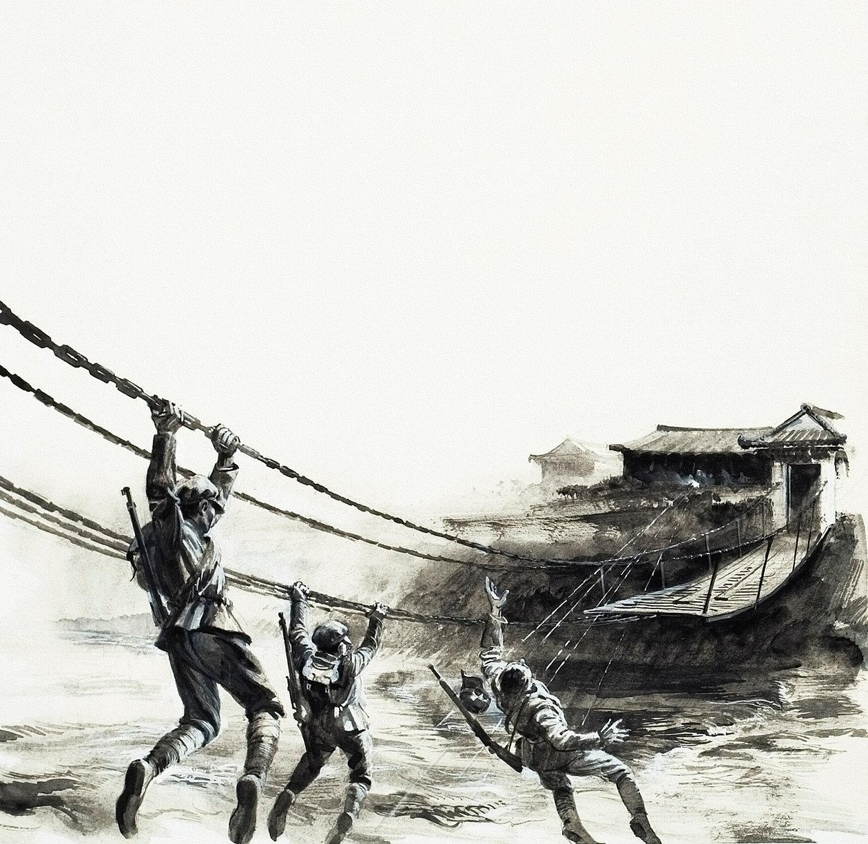 A Batalha da Ponte de Luding (guache sobre papel) de Andrew Howat